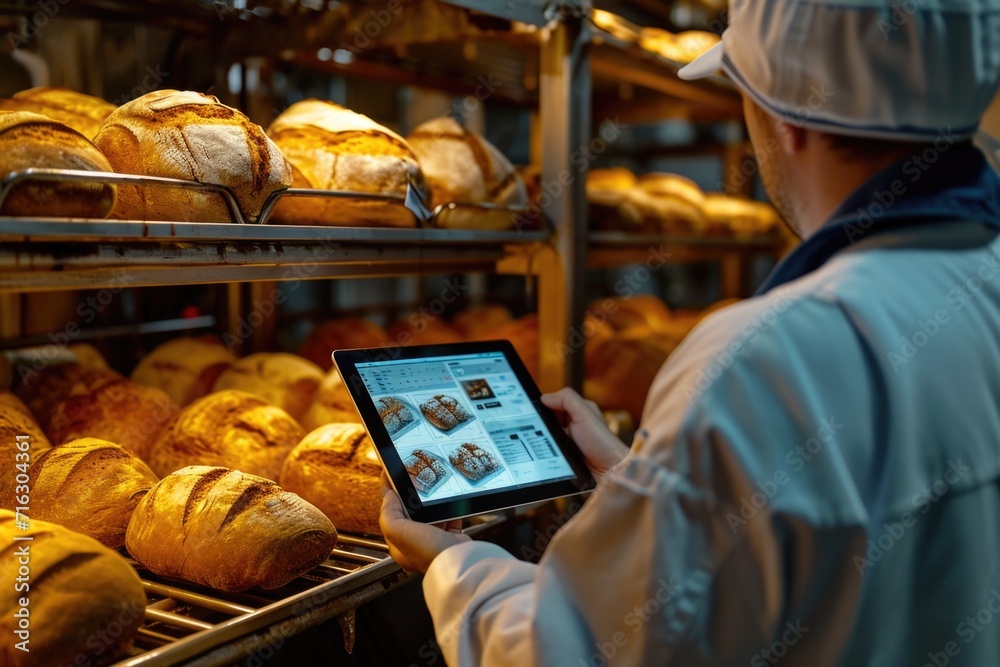 Poster a man is seen looking at a tablet device while inside a bakery. this image can be used to represent 