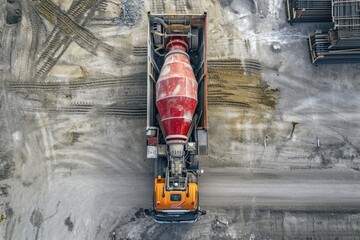 A cement truck is parked in a cement pit. This image can be used to showcase construction, building, or infrastructure projects - obrazy, fototapety, plakaty