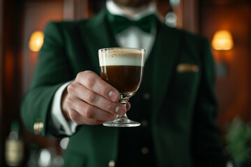 Irish coffee cocktail with an Irish bartender in green suit handing a glass of Irish coffee a cocktail made of whiskey, coffee and cream