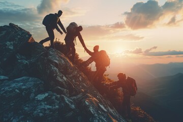 A group of people climbing up a mountain. Suitable for adventure, teamwork, and outdoor activity themes - obrazy, fototapety, plakaty
