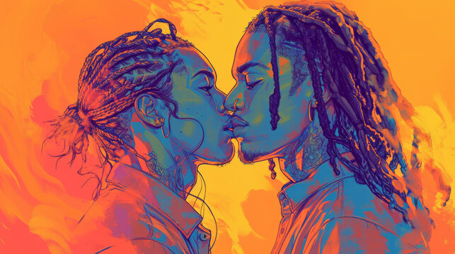 Naklejki Illustration of a queer gay black couple with dreadlocks in love kissing side view