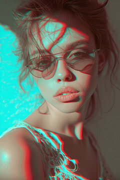 Portrait of a stunning young caucasian woman with a red and cyan light inspired by anaglyph 3D style giving a vintage retro look to the beautiful face of the girl