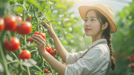 Young asian female farmer harvesting tomatoes in a field