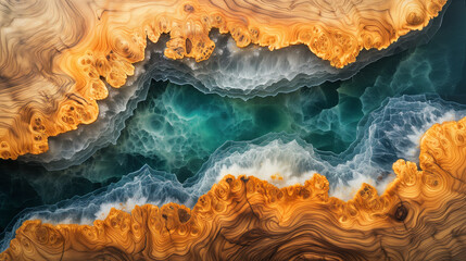 Obraz premium Abstract wood and colored epoxy resin texture background. Captivating image for printing. Contemporary art. Intricate details. Rich colors