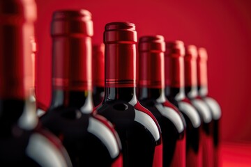 A row of red wine bottles on a vibrant red background. Perfect for wine lovers or for use in wine-related projects