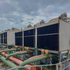 Sets of cooling towers in data center building.	