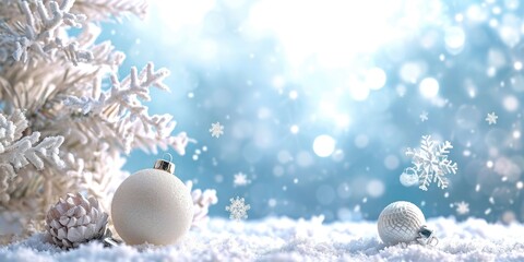 Two white Christmas balls sitting on top of snow-covered ground. Perfect for holiday decorations and winter-themed designs