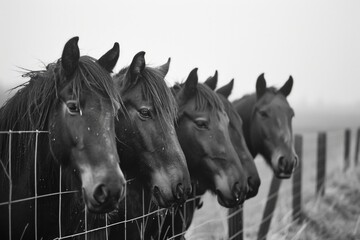 A group of horses standing next to a fence. Suitable for equestrian themes and farm-related designs