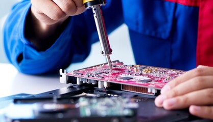 Repairman working in technical support fixing computer laptop tr