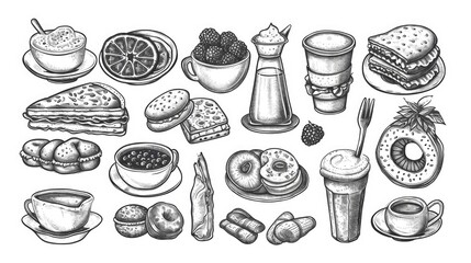A collection of various breakfast foods and drinks. Perfect for illustrating a delicious and balanced morning meal. Great for food blogs, recipe websites, and restaurant menus - obrazy, fototapety, plakaty
