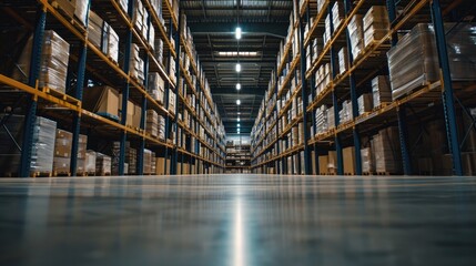 A large warehouse filled with numerous boxes. Ideal for illustrating storage, logistics, or inventory management concepts - obrazy, fototapety, plakaty