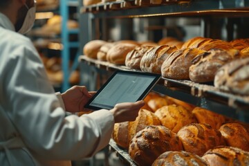 A man in a baker's coat is focused on a tablet, possibly using it for recipes or business operations