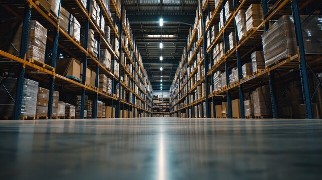 A large warehouse filled with numerous boxes. Ideal for illustrating storage, logistics, or inventory management concepts