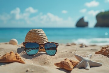Fototapeta na wymiar A picture featuring a hat, sunglasses, and starfish on a beautiful beach. Perfect for vacation or travel themes
