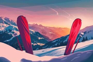 Skis resting on a pristine, snowy slope. Perfect for winter sports enthusiasts or travel brochures featuring snowy destinations