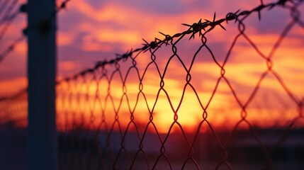 A close-up view of a fence with a beautiful sunset in the background. This image can be used to depict tranquility, nature, or the end of a peaceful day