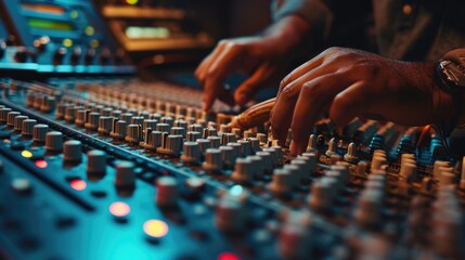 A close up view of a person operating a sound mixer. This image can be used to showcase audio...