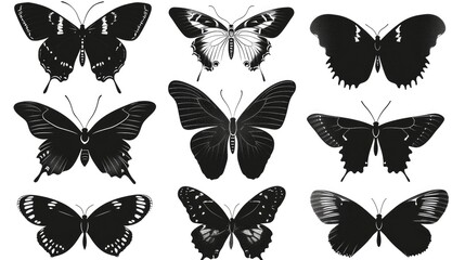 A collection of six black and white butterflies. Suitable for various creative projects and nature-themed designs