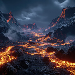 Volcanic Landscape with Lava Flowing Under Night Sky