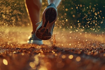 A close-up shot of a person running in the rain. Perfect for illustrating determination and...