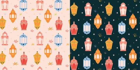 Ramadan Kareem different lanterns set of vector seamless patterns, Islamic Background, symbol Eid Mubarak design concept, Arabic, traditional, Muslim, eastern, oriental lamps illustrations collection
