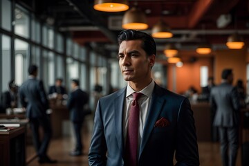 In a bustling co-working space, a distinguished businessman stands tall and poised, his sharp suit and slicked-back hair a symbol of his experience and expertise. 