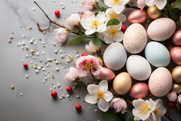 Obraz na płótnie Canvas Speckled Easter Eggs Nestled Among Cherry Blossoms