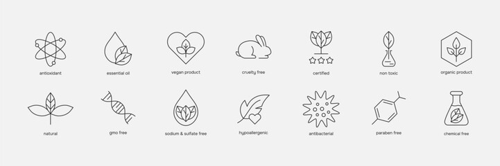 Organic cosmetics line icon set. Hypoallergenic, GMO free, Eco friendly cruelty free, natural, vegan signs. Badges for beauty product. Vector illustration - obrazy, fototapety, plakaty