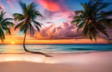 Sunset Serenity: HD Wallpapers of Crystal Clear Beach, Colorful Dream Sky, Universe Beyond, High Contrast, Saturated Colors, Palm Trees in Breeze, Dreamy Destination, Seascape Paradise.