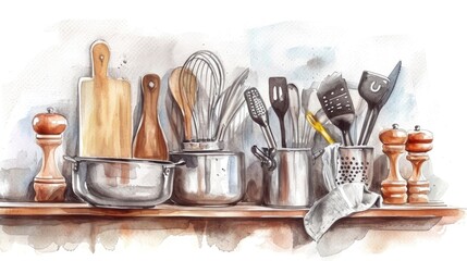 Custom vertical slats with your photo A beautiful watercolor painting showcasing various kitchen utensils neatly arranged on a shelf. Perfect for adding a touch of charm to any kitchen decor