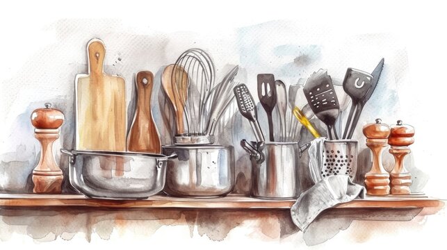 A beautiful watercolor painting showcasing various kitchen utensils neatly arranged on a shelf. Perfect for adding a touch of charm to any kitchen decor