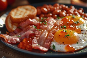 A delicious breakfast plate with crispy bacon, sunny-side-up eggs, savory beans, and toasted bread. Perfect for a hearty morning meal or brunch.