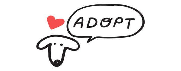 Adopt. Cute dog face. Hand drawn flat vector illustration on white background.