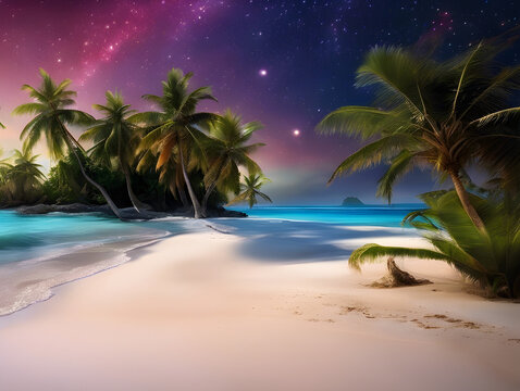 Sunset Serenity: HD Wallpapers of Crystal Clear Beach, Colorful Dream Sky, Universe Beyond, High Contrast, Saturated Colors, Palm Trees in Breeze, Dreamy Destination, Seascape Paradise.