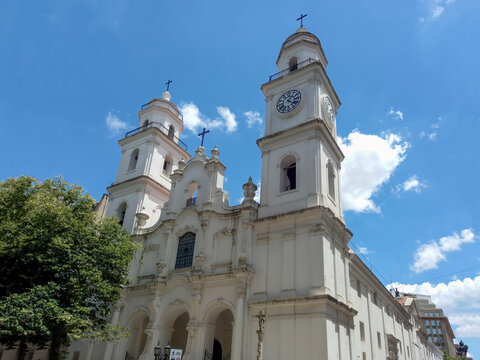Colonial facade of San Ignacio Jesuit Church, from 1734, in downtown Buenos Aires, Argentina