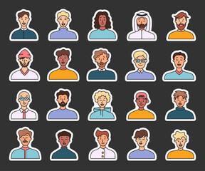 Men avatars. Sticker Bookmark. Portrait of casual male with different hairstyles and outfits. User profiles. Hand drawn style. Vector drawing. Collection of design elements.