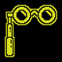 Pixel silhouette icon. Spectacles, binoculars with handle for viewing performance from far rows. Spectator theatrical binoculars. Simple black and yellow vector isolated