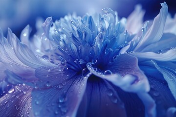 A close-up view of a blue flower with water droplets. This image can be used to add a refreshing and natural touch to various projects - Powered by Adobe