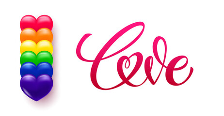 Love lettering. LGBT pride flag. Design for banners. Vector illustration.