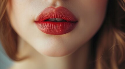 Fototapeta premium A close-up view of a woman's lips with vibrant red lipstick. Perfect for beauty and makeup-related projects