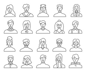 Fototapeta premium People avatars. Coloring Page. Multiethnic human portraits. User profiles. Hand drawn style. Vector drawing. Collection of design elements.