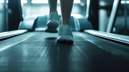 A close-up view of a person walking on a treadmill. Suitable for fitness and exercise-related content
