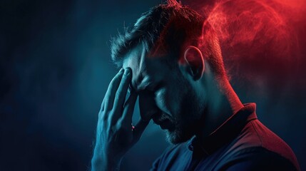 A man in distress holding his head in his hands. Suitable for illustrating stress, frustration, or mental health concepts. 