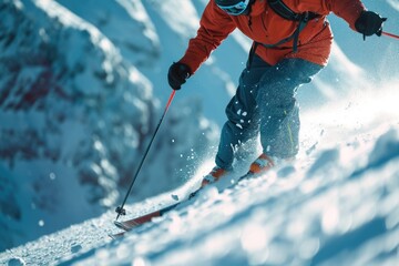 A man enjoying the thrill of skiing down a snow covered slope. Perfect for winter sports enthusiasts or travel brochures featuring winter destinations - obrazy, fototapety, plakaty