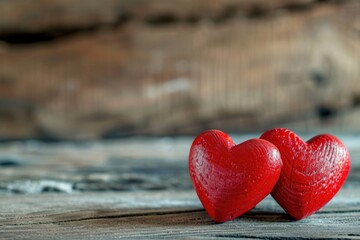 Fototapeta premium Two red hearts placed on a wooden table. Perfect for Valentine's Day or romantic themes