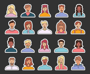 People avatars. Sticker Bookmark. Multiethnic human portraits. User profiles. Hand drawn style. Vector drawing. Collection of design elements.