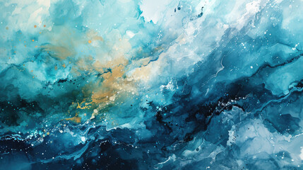 Abstract watercolor background combining calming shades of turquoise and teal - obrazy, fototapety, plakaty