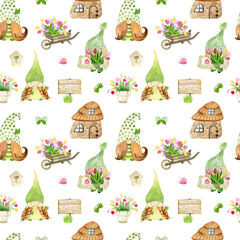 Watercolor seamless pattern with spring gnomes. Png.