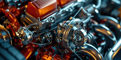 A detailed view of the engine of a car. Perfect for automotive enthusiasts and mechanics. - obrazy, fototapety, plakaty