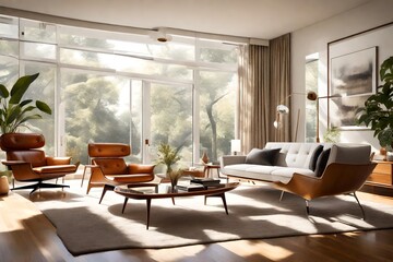 American mid-century modern living room, with iconic furniture, large windows, and a blend of natural and artificial lighting